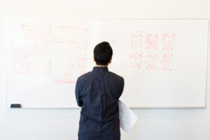 Person standing with his back to the camera, looking at writing on a whiteboard that shows a flow chart and other organizational diagrams