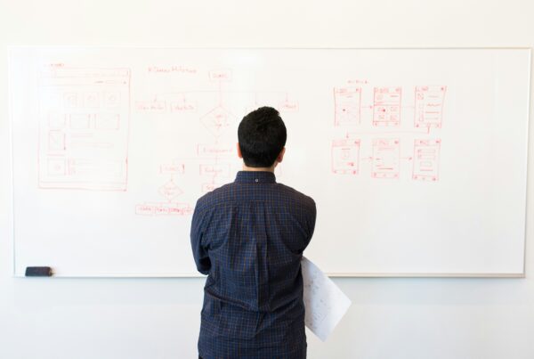 Person standing with his back to the camera, looking at writing on a whiteboard that shows a flow chart and other organizational diagrams